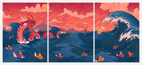 Dragon & waves (Модульная картина из 3 частей) | Дракон и волны