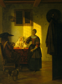 Pieter de Hooch - A Couple Playing Cards, with a Serving Woman | Питер де Хох