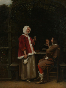 Pieter de Hooch - A Woman and Two Men in an Arbor | Питер де Хох