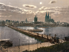 General view, by moonlight, Cologne, the Rhine, Germany