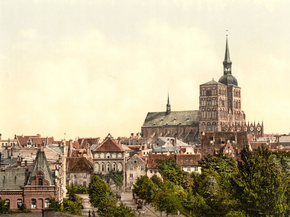 General view, from Knieperdamm, showing warm baths, Stralsund, Pomerania, Germany