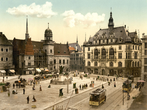 The market place and side of Hotel de Ville, Halle, German Saxony, Germany