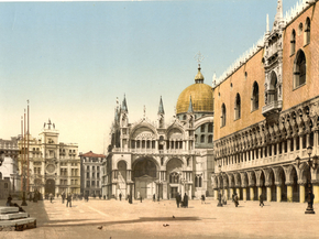 Clock tower, St. Mark's, and Doges' Palace, Piazzetta di San Marco, Venice, Italy