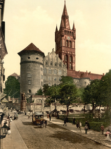 Castle tower and Emperor William's Monument, Konigsberg, East Prussia, Germany