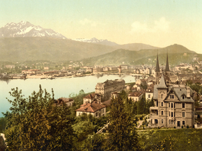 Pilatus and Lucerne, seen from Neuschweizerhaus, Lucerne, Switzerland
