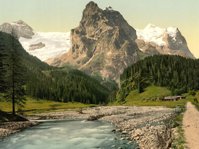 Rosenlaui, with well and Wetterhorn, Bernese Oberland, Switzerland