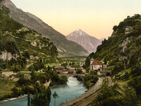 St. Maurice, the bridge and entrance to tunnel, Valais, Alps of, Switzerland