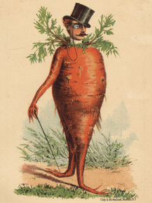 Man's head on a carrot body with a top hat and monocle