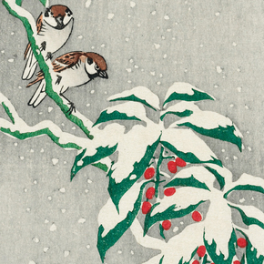Косон Охара - Sparrows on snowy berry bush