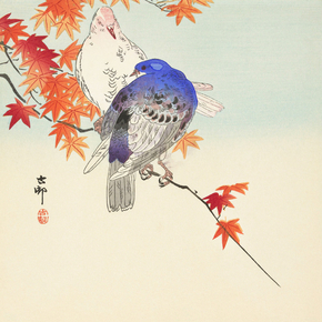 Косон Охара - Two pigeons on autumn branch