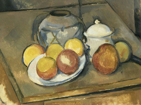 Cezanne Paul | Сезанн Поль - Ваза с соломенной отделкой, сахарница и яблоки