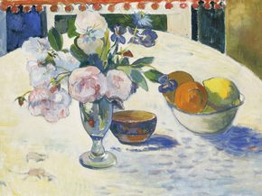 Paul Gauguin | Гоген Поль - Цветы и ваза с фруктами на столе