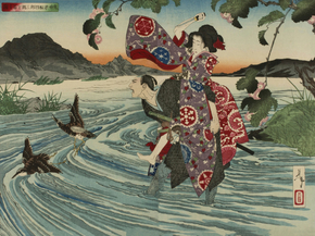 Цукиока Ёситоси - The Demon Omatsu Murders Shirosaburo in the Ford