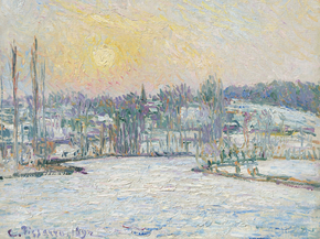 Camille Pissarro - View of Bazincourt, Snow Effect, Sunset | Камиль Писсарро