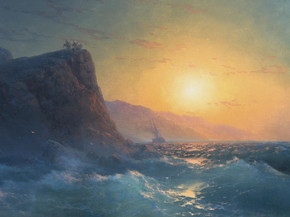 Aivazovsky Ivan | Айвазовский Иван - Вид на крутой скалистый берег и бурное море на закате (1883)