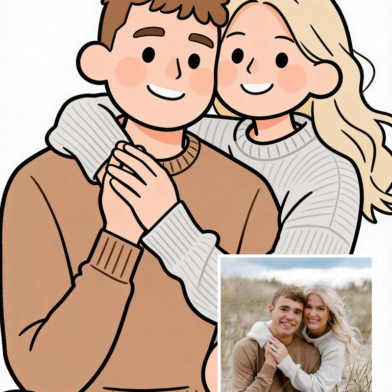 Парный портрет в стиле Love is по фото: пара с подписью